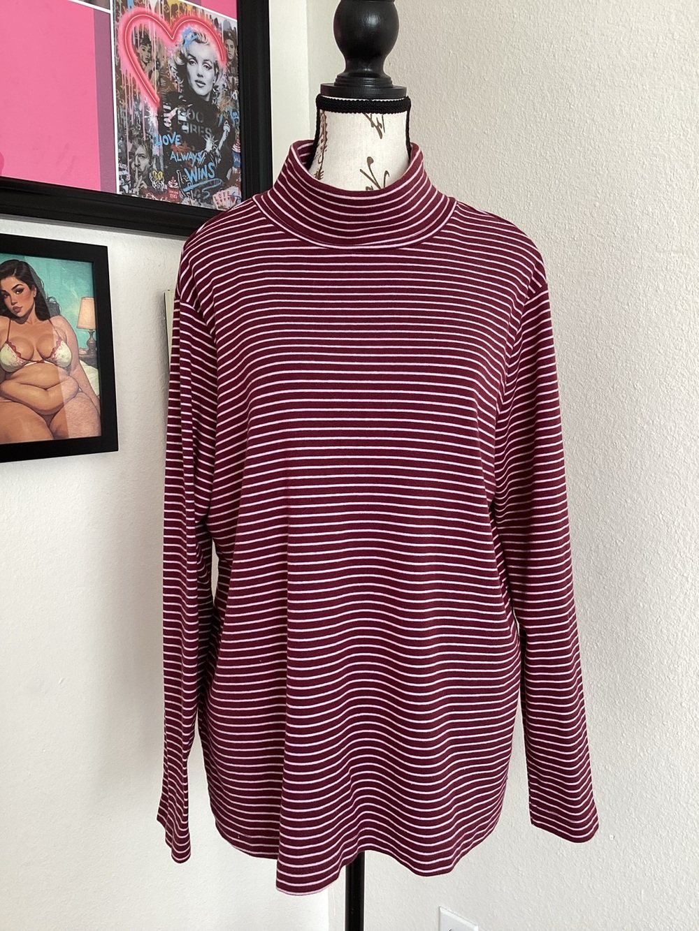 Eddie Bauer Burgundy and White Striped Turtle Neck Long Sleeve Tee